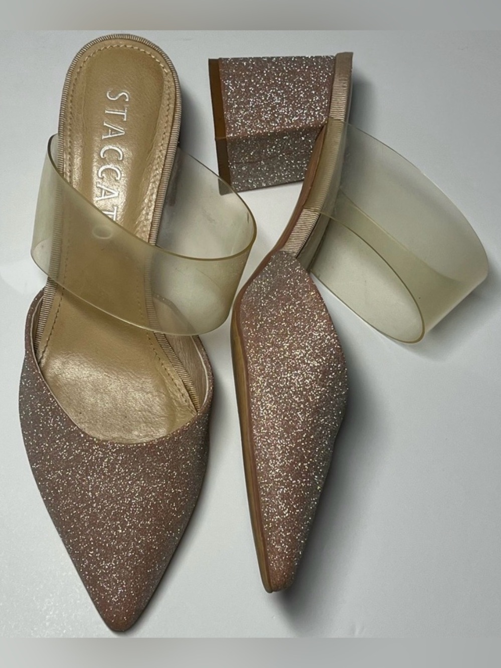 Staccato 37 Pink Metallic Clear Strap Heeled Mules Pointed Closed Toe Glitter
